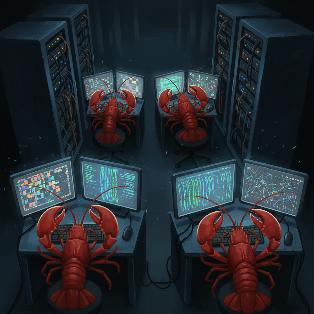 Four lobsters at computer terminals in a dark server room, working on ARC puzzles, code, and planning DAGs